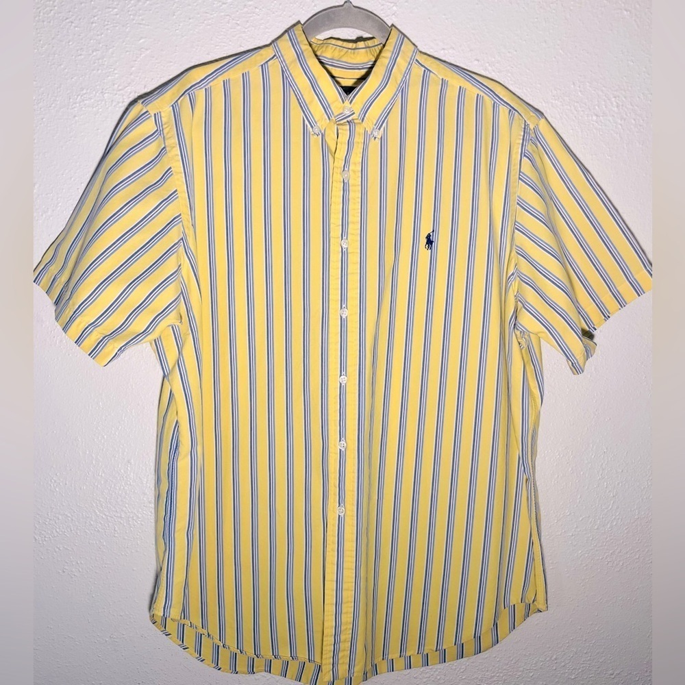 Vintage Ralph Lauren Mens XL Shirt Blue Yellow Stripe Short Sleeve Classic Fit